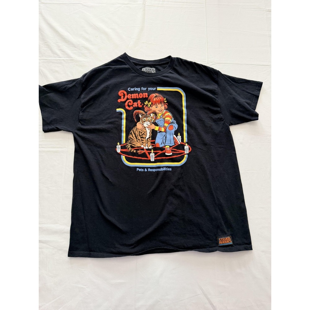 Steven Rhodes Demon Cat Shirt Mens XL Black Halloween Retro Horror Graphic Tee